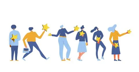 Feedback elements. Client review. People holding stars in their hands set iso Ilustración de archivo