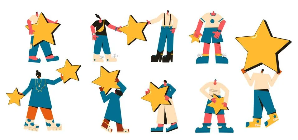 Feedback elements set. Client review. People holding stars in their hands set Ilustración de archivo