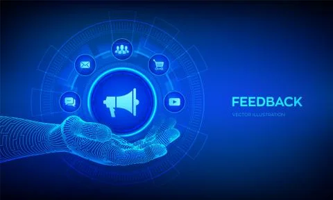 Feedback icon in robotic hand. Customer satisfaction concept on virtual scree Stock Illustration