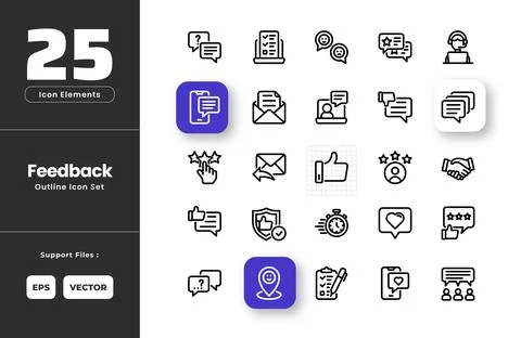 Feedback Icon Set Collection - Outline Line Art Style. Containing Question,.. Illustrazione stock