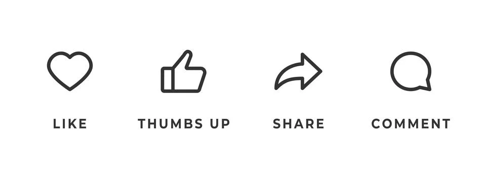 Feedback icon set. Heart, thumbs up, share arrow and comment bubble vector .. Stock Illustration