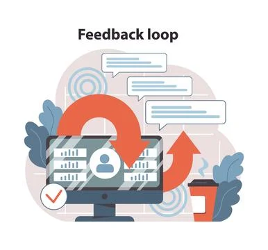 Feedback loop concept. Desktop displays data analysis while continuous 스톡 일러스트