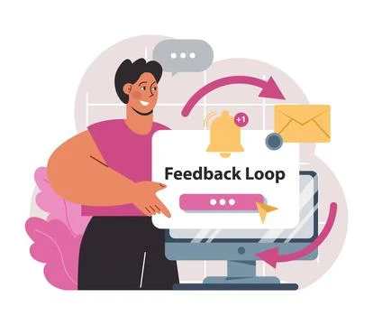 Feedback loop. Positive customer feedback as a marketing strategy. Consumers Stock Illustration