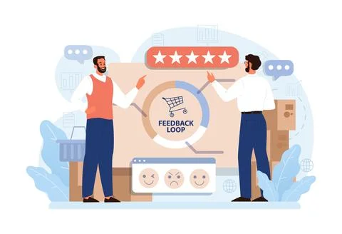 Feedback loop. Positive customer feedback as a marketing strategy. Consumers Stock Illustration
