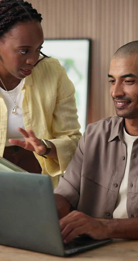 Feedback, manager or employee with laptop in agency, review proposal or advice Stock Footage 334309096
