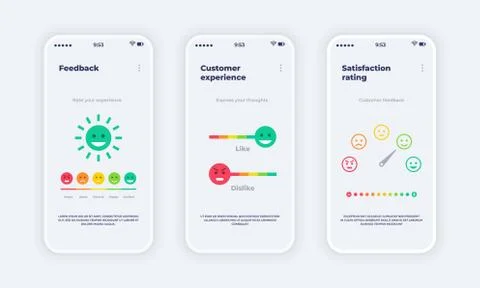 Feedback mobile app. Smartphone onboard screen with emoticons in different moods Stock Illustration