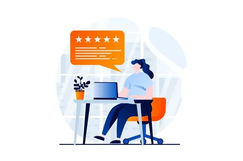 Feedback page concept with people scene in flat cartoon design. Woman writing Stock Illustration