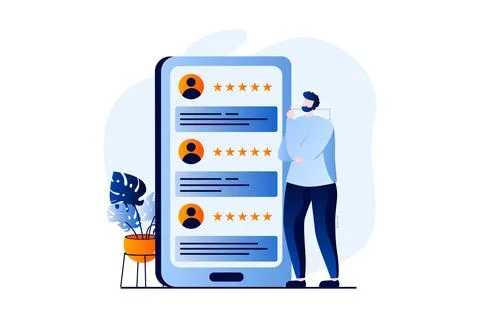 Feedback page concept with people scene in flat cartoon design. Man reads Stock Illustration