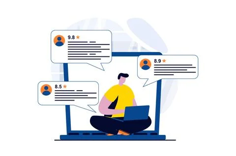 Feedback page concept with people scene in flat cartoon design. Man clients Stock Illustration
