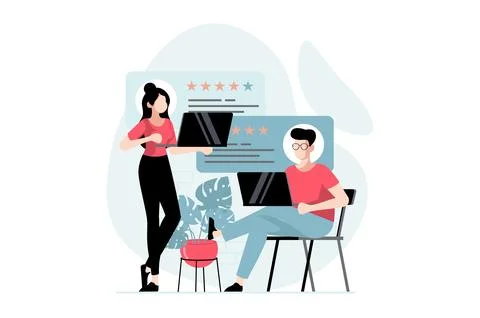 Feedback page concept with people scene in flat design. Man and woman leave.. Stock Illustration