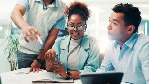 Feedback, people and programmer in office with tablet, learning update and Stock Photos