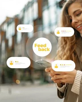 Feedback process with comments and ratings displayed on a mobile phone in an Stock Photos