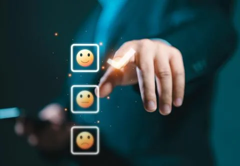 Feedback rating concept, Man choosing smiley face icon. feedback rating and.. Stock Photos