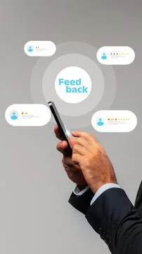 Feedback received through various online platforms is displayed around a Stock Photos