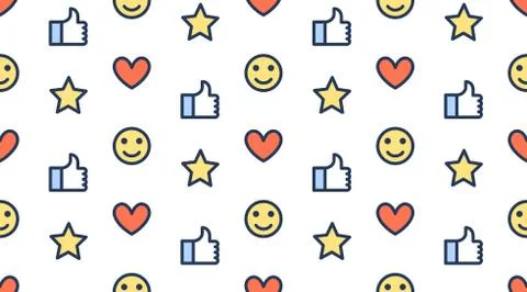 Feedback seamless pattern with flat line icons of thumbs up, like, star, happy Illustrazione stock