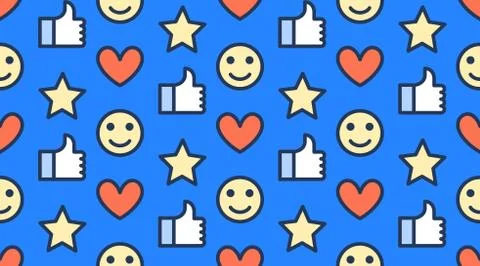 Feedback seamless pattern with flat line icons of thumbs up, like, star, happy Stock-Illustration
