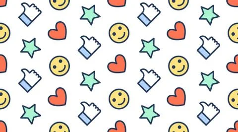 Feedback seamless pattern with flat line icons of thumbs up, like, star, happy Illustrazione stock