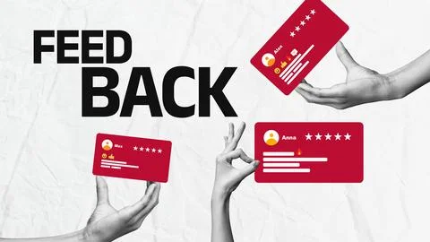 Feedback on services with hands holding review cards Stock Photos