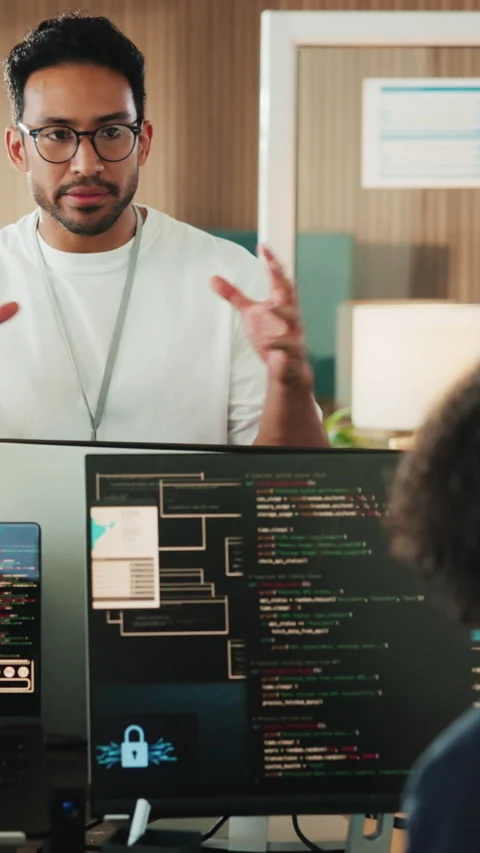 Feedback, software engineer and people with computer screen in office for code 스톡 동영상 342239486