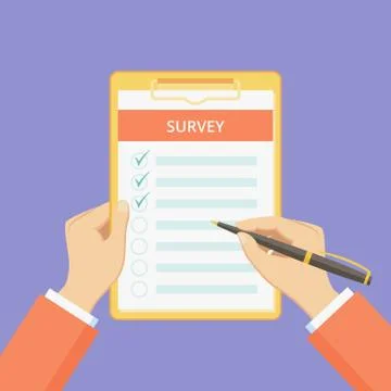 Feedback survey form on clipboard with hands Stock Illustration