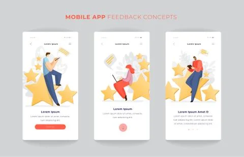 Feedback, survey vector flat app concept with people, man and woman sitting on Stock Illustration