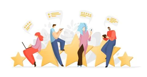 Feedback, survey vector flat concept with people, man and woman sitting on big Stock Illustration