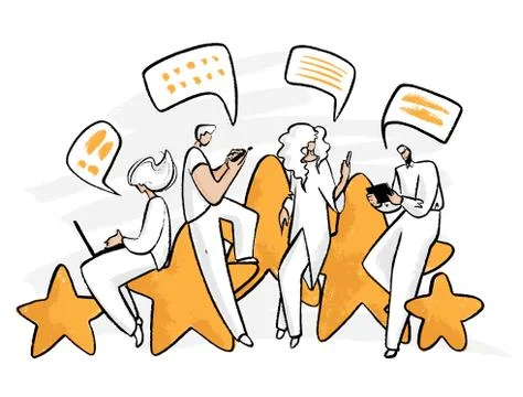 Feedback, survey vector flat concept with people, man and woman sitting on big Stock Illustration