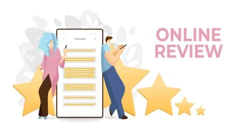 Feedback, survey vector flat concept with people, man and woman sitting on big Stock Illustration