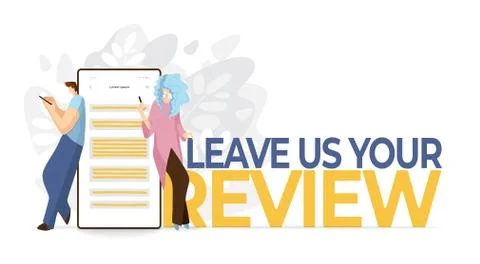 Feedback, survey vector flat concept with people, man and woman sitting on big Stock Illustration