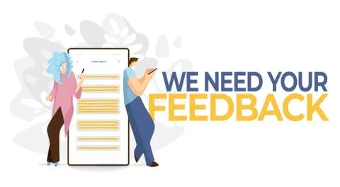 Feedback, survey vector flat concept with people, man and woman sitting on big Stock Illustration