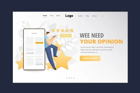 Feedback, survey vector flat landing page concept with people, man standing on Illustrazione stock
