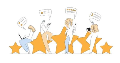 Feedback, survey vector flat line concept with people, man and woman sitting on Stock Illustration