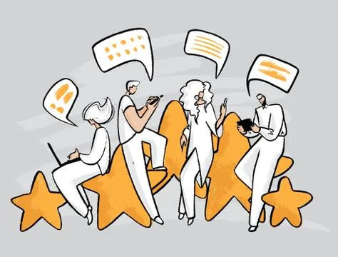 Feedback, survey vector handdrawn concept with people, man and woman sitting on Stock Illustration