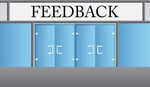 Feedback text with front door background. Store, Shop or market entrance, fro Stock Illustration