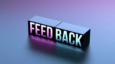 FEEDBACK text neon, glowing word on cube with reflection,animation.3D render Stock Footage 291394975