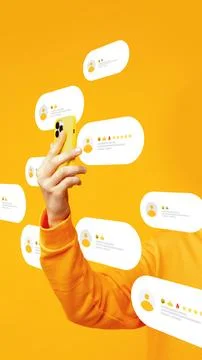 Feedback from users appears around a person holding a yellow smartphone in a Stock Photos