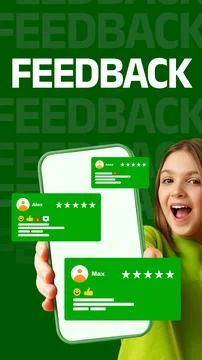 Feedback from users displayed on a smartphone held by a young girl in a green Stock Photos