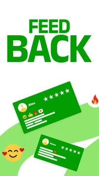 Feedback from users shows ratings and reactions on a green background with Stock Illustration