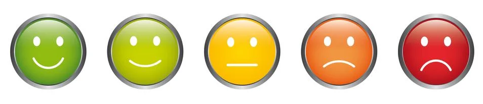 Feedback vector buttons with smiley Icons in different colors from happy to sad Stock Illustration