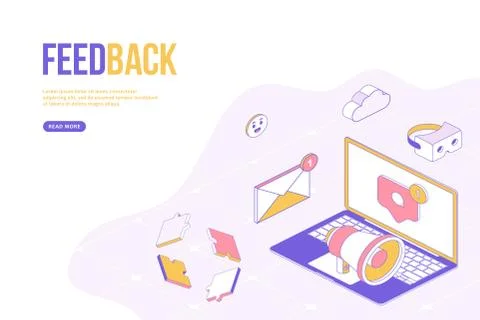 Feedback web banner concept. Creative design template with Isometric objects. Illustrazione stock