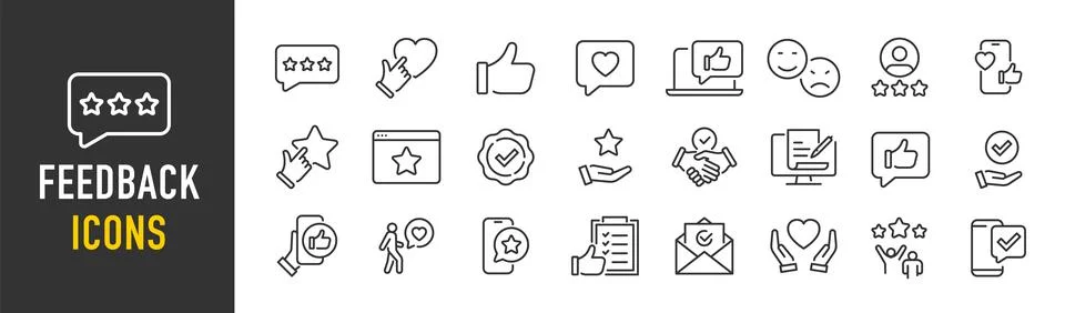 Feedback web icons in line style. Testimonials, like, comment, marketing, s.. Stock Illustration