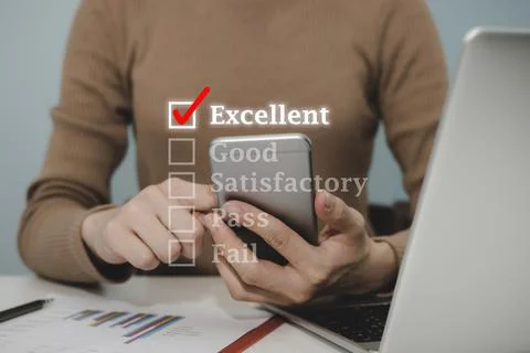 Feedback. woman hand checking mark on checklist box on digital mobile smart p Stock Photos