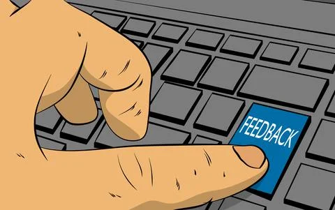 Feedback word on computer keyboard. Man push keypad on laptop. Comic book sty イラスト素材