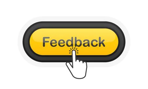 Feedback yellow realistic 3D button isolated on white background. Hand clicke Illustrazione stock