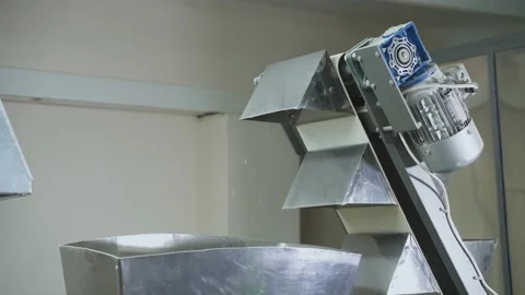 Feeding conveyor for bulk products. Automatic belt conveyor at a food factory. Video stock 227861781