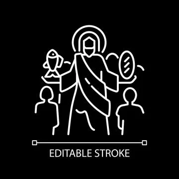 Feeding of five thousands white linear icon for dark theme Stock Illustration