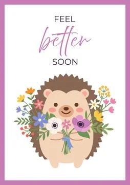 Feel Better Soon Cute Hedgehog with Flowers Greeting Card Vector Stock Illustration
