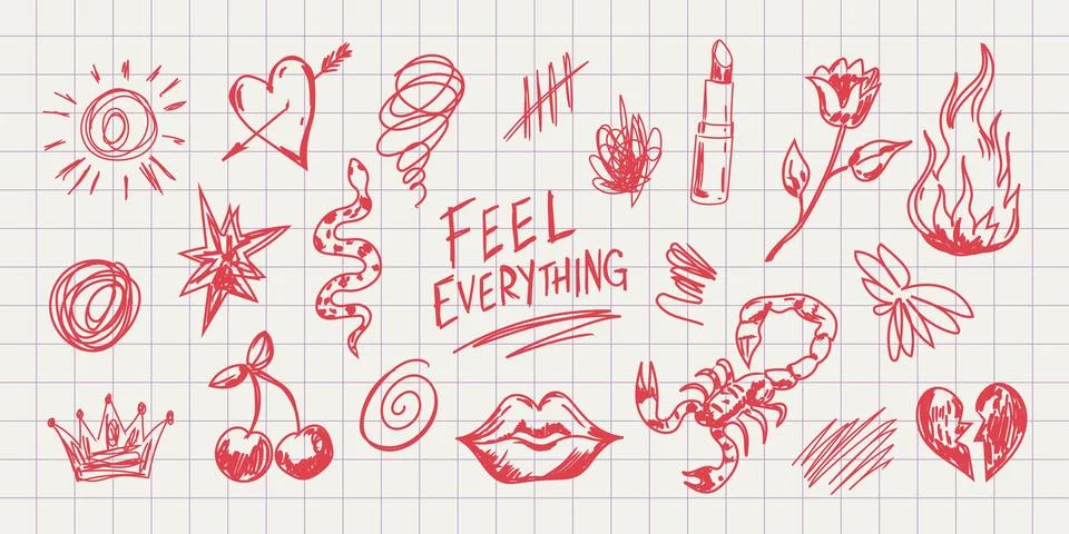 Feel Everything emotional doodle elements. Hand drawn sketch icons in edgy .. イラスト素材