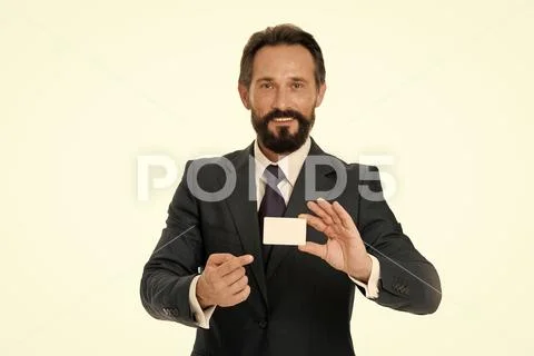 Feel free to contact me. Let me introduce myself. Businessman hold plastic blank Stock Photos