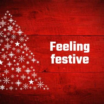 Feeling festive text with white snowflake christmas tree on red wood texture Stock Illustration